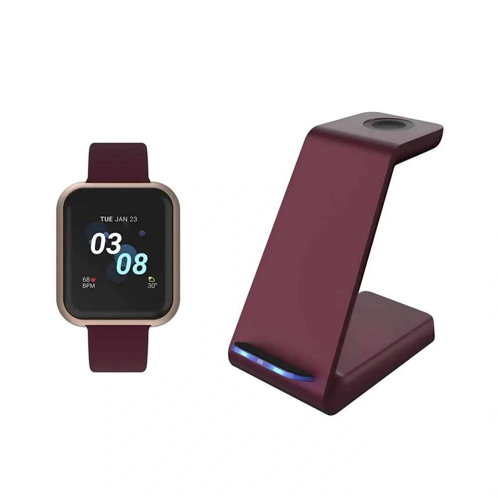 Air 3 Burgundy Silicone Strap Smartwatch with 3 in 1 Wireless Charging Station